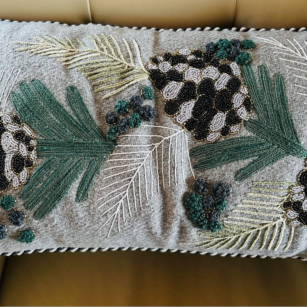 MacKenzie-Childs Pinecone Embroidered Pillow in Green and Gray